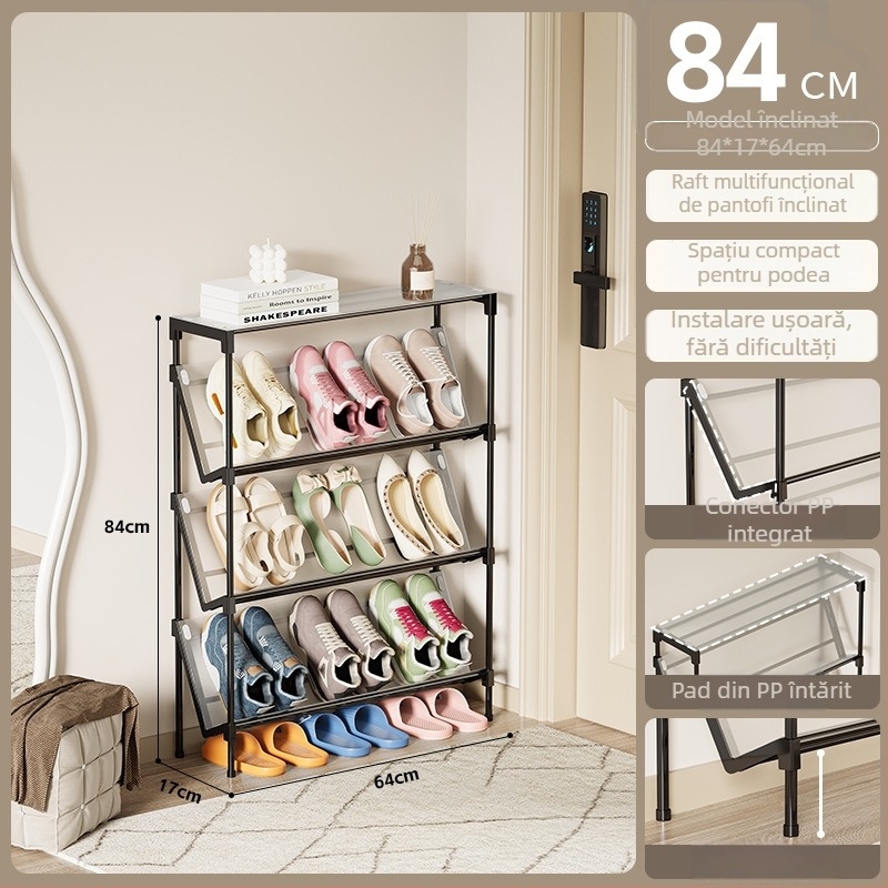 Raft de pantofi din metal înclinat, cu mai multe etaje, pentru cămin, intrare și hol — spațiu economisit, multifuncțional