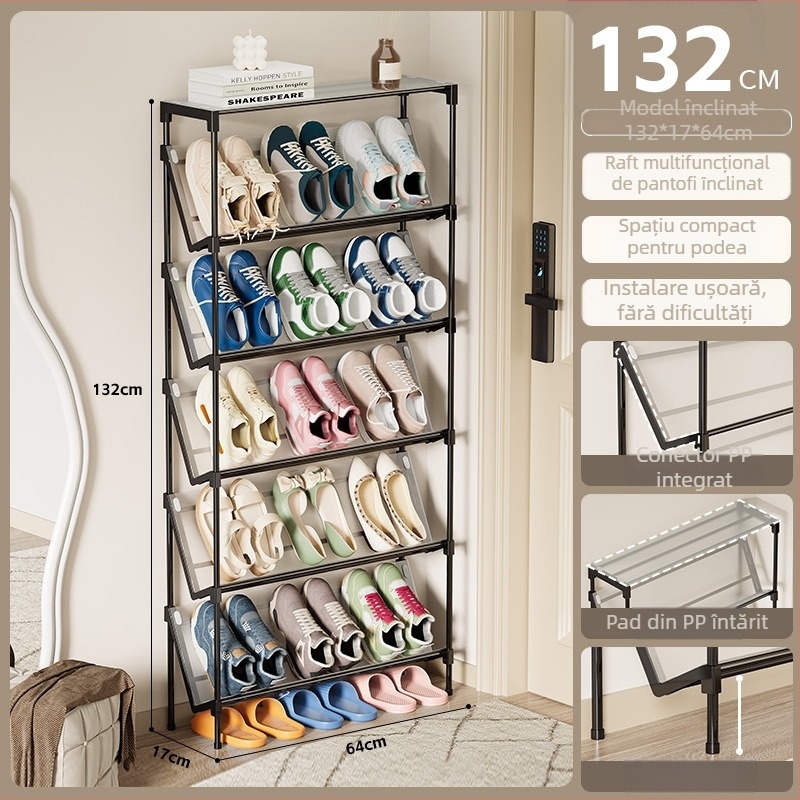 Raft de pantofi din metal înclinat, cu mai multe etaje, pentru cămin, intrare și hol — spațiu economisit, multifuncțional
