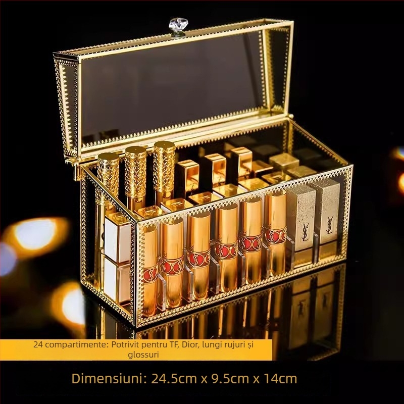 Cutie de depozitare pentru ruj cu capac – Organizator cosmetic din sticlă pentru birou, trei etaje, protecție împotriva prafului, display cu sertare pentru pudră și fard de ochi