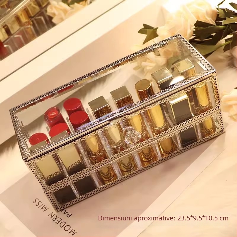 Cutie de depozitare pentru ruj cu capac – Organizator cosmetic din sticlă pentru birou, trei etaje, protecție împotriva prafului, display cu sertare pentru pudră și fard de ochi