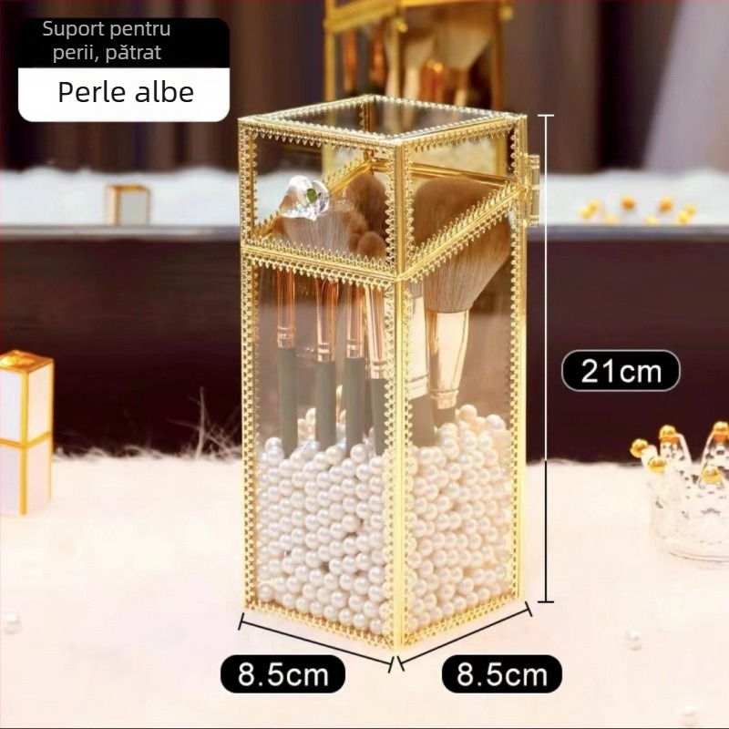 Cutie de depozitare pentru ruj cu capac – Organizator cosmetic din sticlă pentru birou, trei etaje, protecție împotriva prafului, display cu sertare pentru pudră și fard de ochi