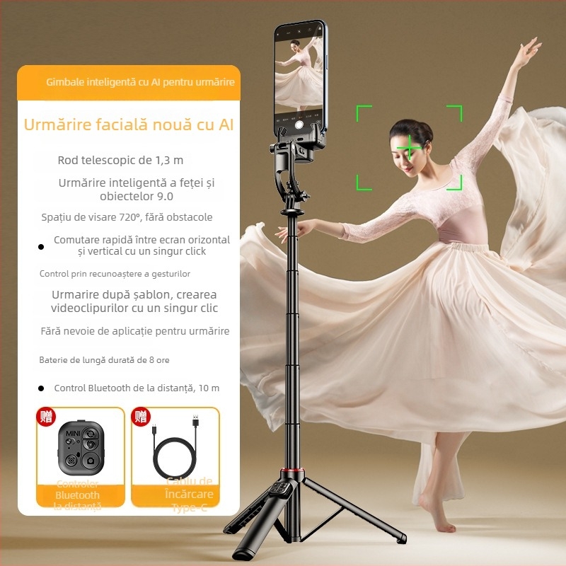 Stabilizator Gimbal cu trepied extensibil și telecomandă Bluetooth pentru telefon – corp din aliaj de aluminiu, compatibil universal, suport IBIS