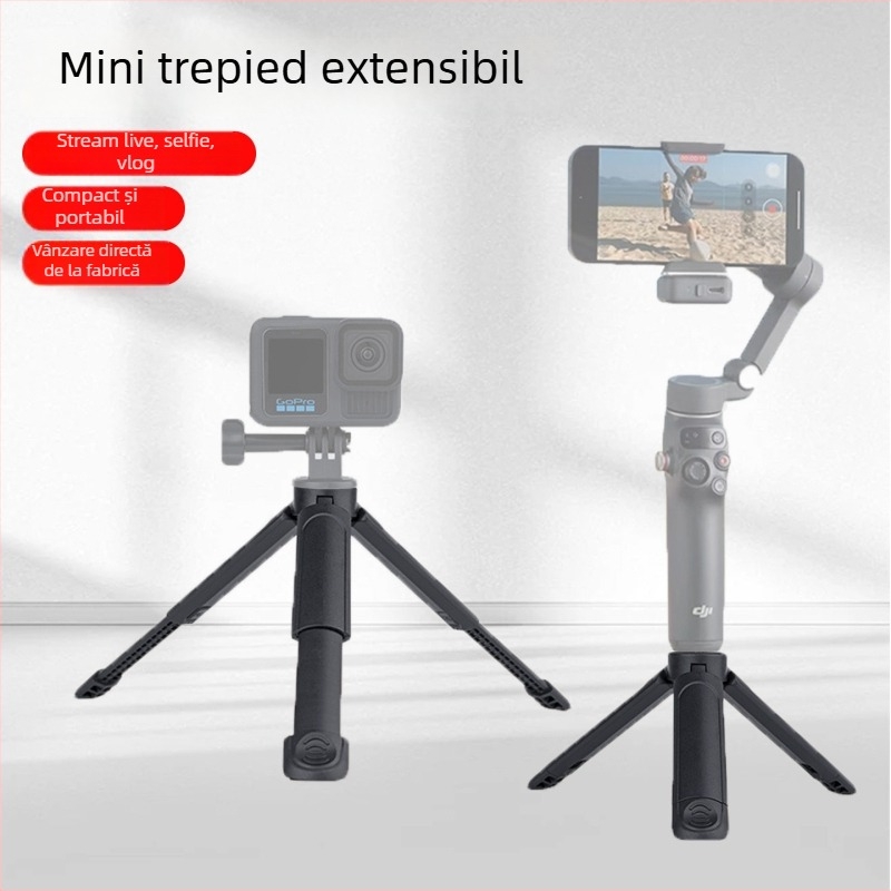 Trepied mini telescopic în două secțiuni pentru telefon – ABS, capacitate de încărcare până la 2 kg, greutate 83 g, fotografiere stabilă