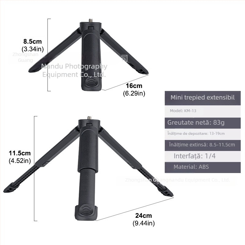 Trepied mini telescopic în două secțiuni pentru telefon – ABS, capacitate de încărcare până la 2 kg, greutate 83 g, fotografiere stabilă
