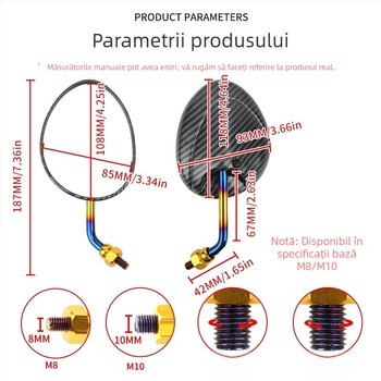 Oglindă retrovizoare pentru motociclete și scutere electrice – oglindă ovală rotativă din fibră de carbon cu reflector, carcasă din sticlă + ABS