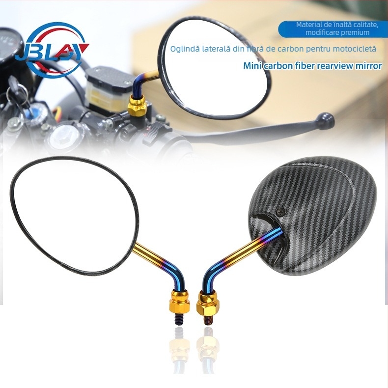 Oglindă retrovizoare pentru motociclete și scutere electrice – oglindă ovală rotativă din fibră de carbon cu reflector, carcasă din sticlă + ABS