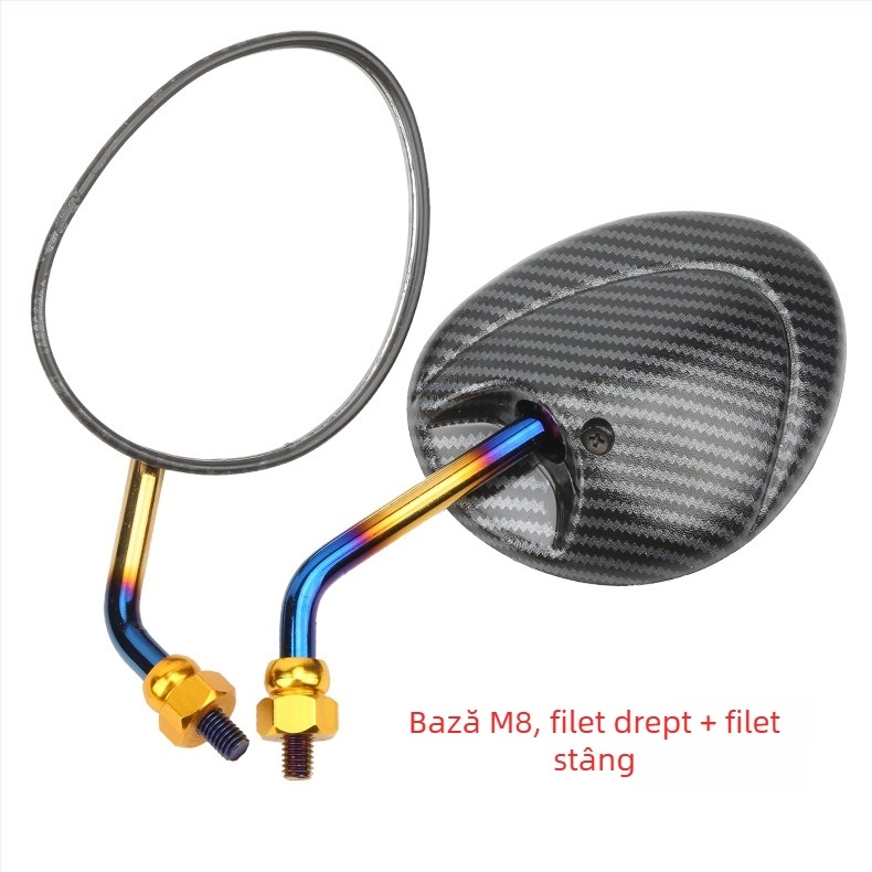 Oglindă retrovizoare pentru motociclete și scutere electrice – oglindă ovală rotativă din fibră de carbon cu reflector, carcasă din sticlă + ABS