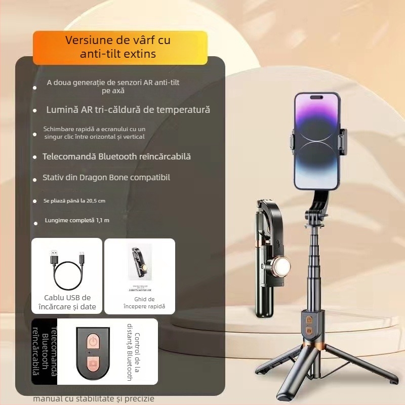 Stabilizator gimbal pentru telefon – mână, anti-tremur, suport telefon, trepied pentru selfie, Bluetooth și telecomandă