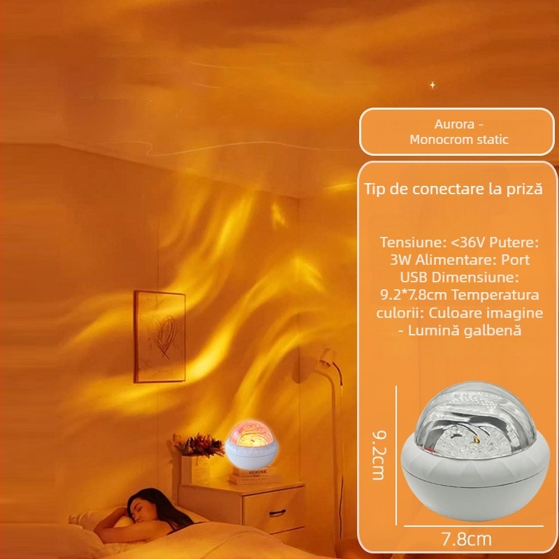 Proiector cu Lumină Nordică și Cer Înstelat, Lampă de Noapte Rotativă pentru Birou, Alimentare USB, 5V, Telecomandă