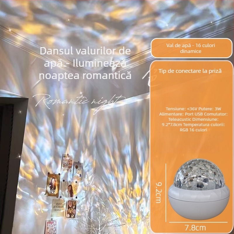 Proiector cu Lumină Nordică și Cer Înstelat, Lampă de Noapte Rotativă pentru Birou, Alimentare USB, 5V, Telecomandă