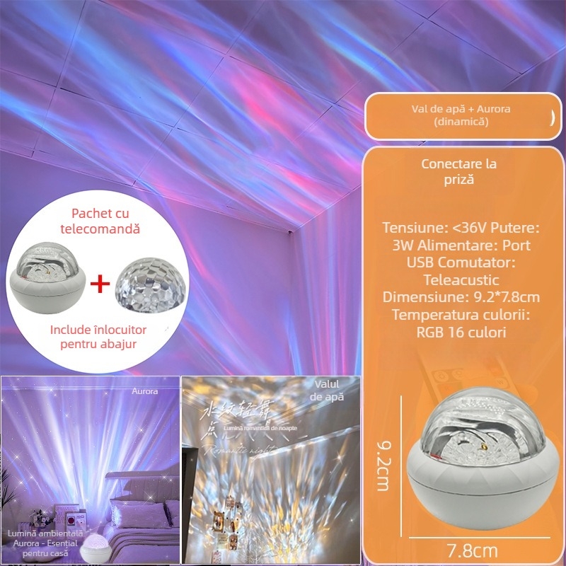 Proiector cu Lumină Nordică și Cer Înstelat, Lampă de Noapte Rotativă pentru Birou, Alimentare USB, 5V, Telecomandă