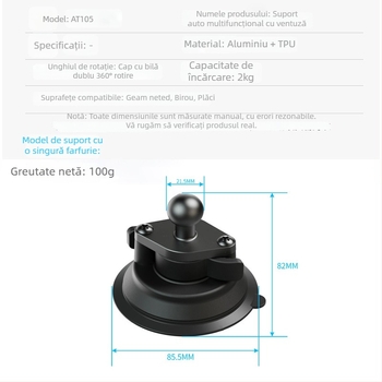 Weijiesi Suport universal pentru telefon în mașină, bază cu ventuză și cap cu articulație sferică, material: plastic + aliaj de aluminiu