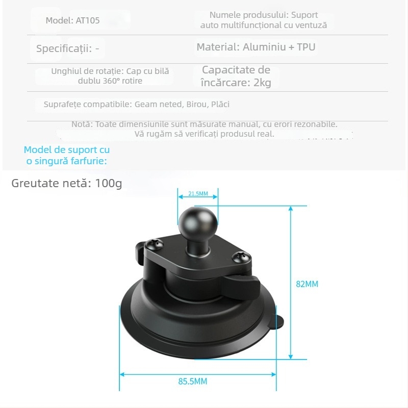 Weijiesi Suport universal pentru telefon în mașină, bază cu ventuză și cap cu articulație sferică, material: plastic + aliaj de aluminiu