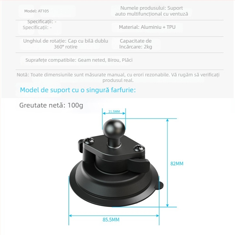 Weijiesi Suport universal pentru telefon în mașină, bază cu ventuză și cap cu articulație sferică, material: plastic + aliaj de aluminiu