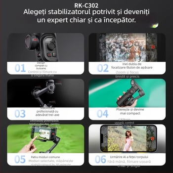 Stabilizator pliabil pentru telefon cu trei axe, urmărire, model C302, aliaj de aluminiu, suport Bluetooth