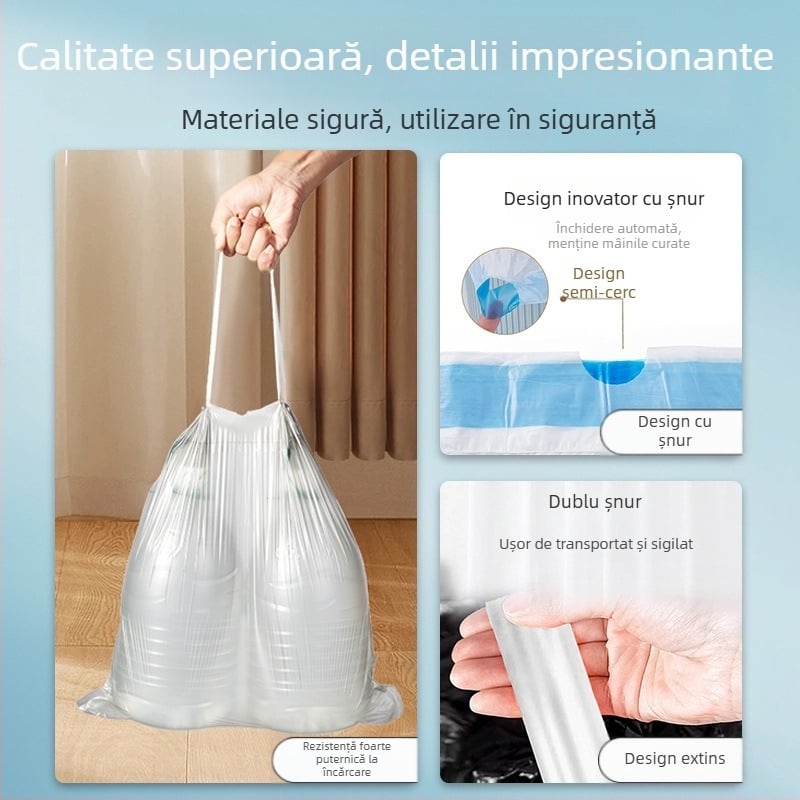 Saci de gunoi cu șnur, dublu strat, cu închidere automată și mâneri, pentru uz casnic (bucătărie și baie)