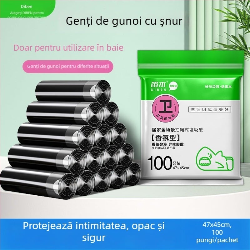 Saci de gunoi cu șnur, dublu strat, cu închidere automată și mâneri, pentru uz casnic (bucătărie și baie)
