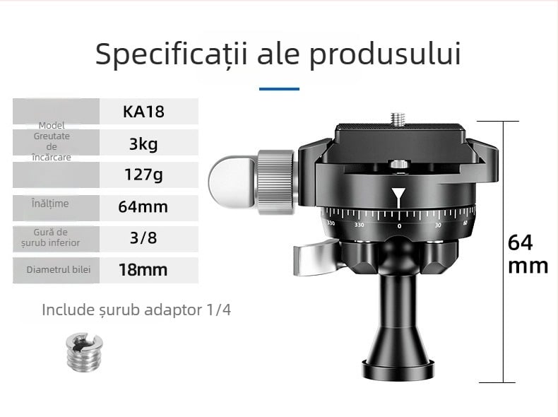 Beixin mini cap de gimbal sferic invertit pentru camere SLR/mirrorless — rotație 360° orizontală și verticală, aliaj de aluminiu, 127 g