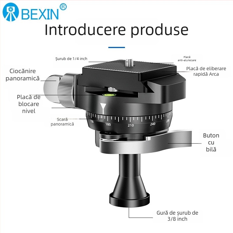 Beixin mini cap de gimbal sferic invertit pentru camere SLR/mirrorless — rotație 360° orizontală și verticală, aliaj de aluminiu, 127 g