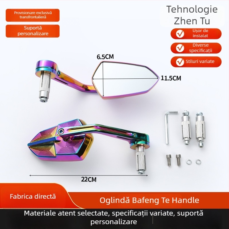 Oglindă pentru ghidon, motociclete și vehicule electrice, oglindă pătrată, carcasă din aliaj de aluminiu și plastic, montaj frontal și posterior