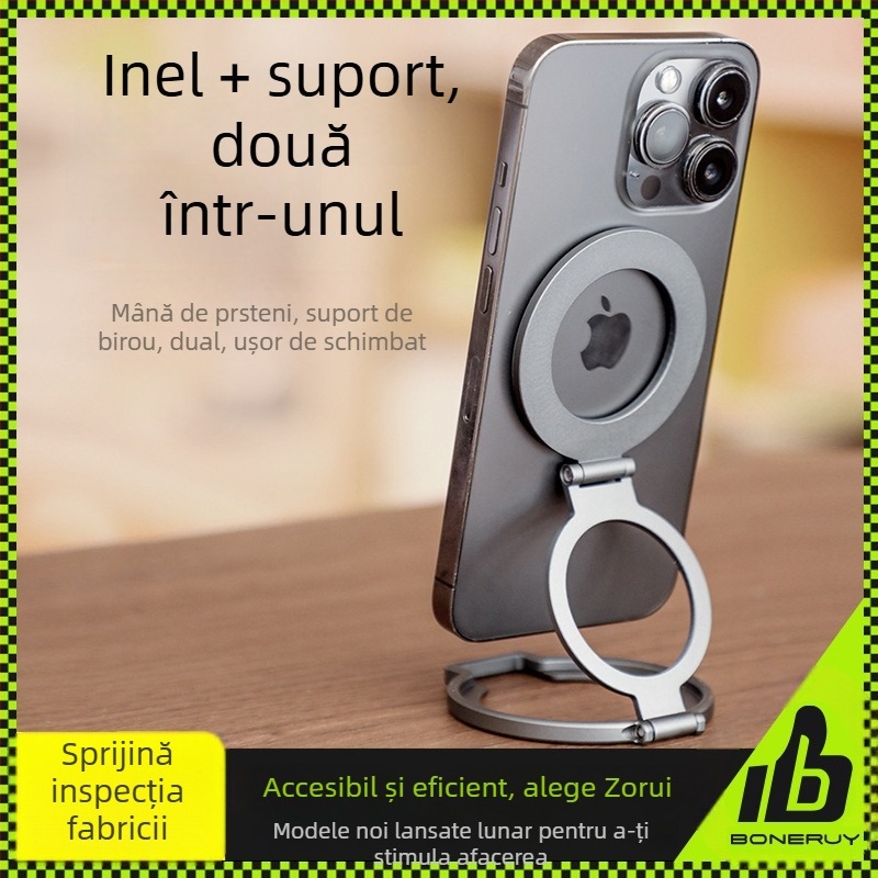 Boneruy suport pentru telefon cu inel pliabil, 2 în 1, din aliaj de aluminiu, suport magnetic, model T15, pentru birou și exterior
