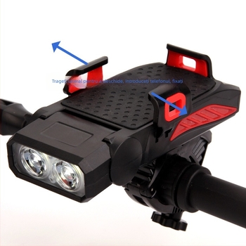 Lumină de bicicletă 4 în 1: far, suport pentru telefon, claxon și încărcător încorporat, rotație de 360°