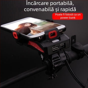 Lumină de bicicletă 4 în 1: far, suport pentru telefon, claxon și încărcător încorporat, rotație de 360°