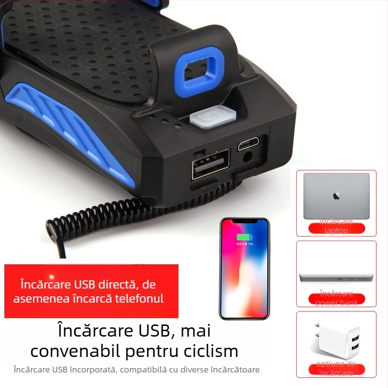 Lumină de bicicletă 4 în 1: far, suport pentru telefon, claxon și încărcător încorporat, rotație de 360°