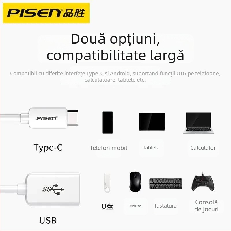 Pisen adaptor OTG Type-C la USB 3.0 pentru telefoane și tablete Android, transfer date USB 3.0, PC+ABS