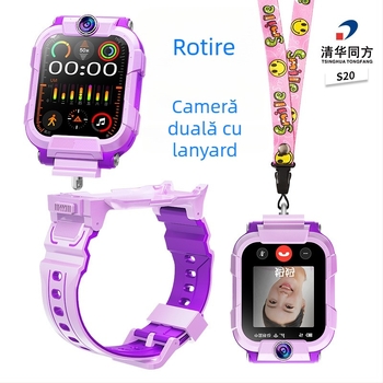 Ceas inteligent pentru copii cu camere duale rotative la 360°, conectivitate 4G/5G, rezistent la apă, autonomie baterie 7–14 zile, curea din silicon