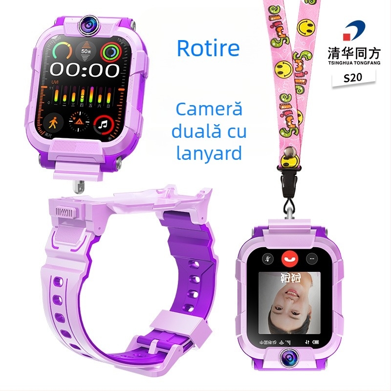 Ceas inteligent pentru copii cu camere duale rotative la 360°, conectivitate 4G/5G, rezistent la apă, autonomie baterie 7–14 zile, curea din silicon