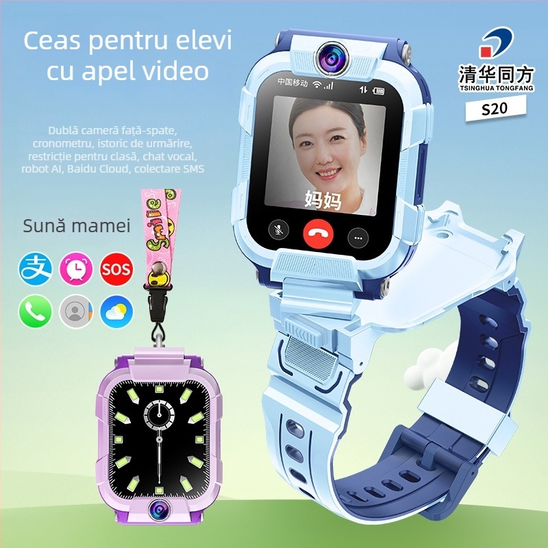 Ceas inteligent pentru copii cu camere duale rotative la 360°, conectivitate 4G/5G, rezistent la apă, autonomie baterie 7–14 zile, curea din silicon
