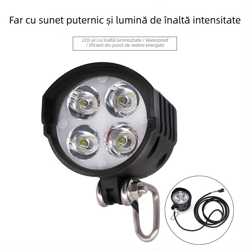 12W lampă frontală și claxon 2 în 1 pentru biciclete electrice cu baterie litiu — montaj exterior rezistent la apă