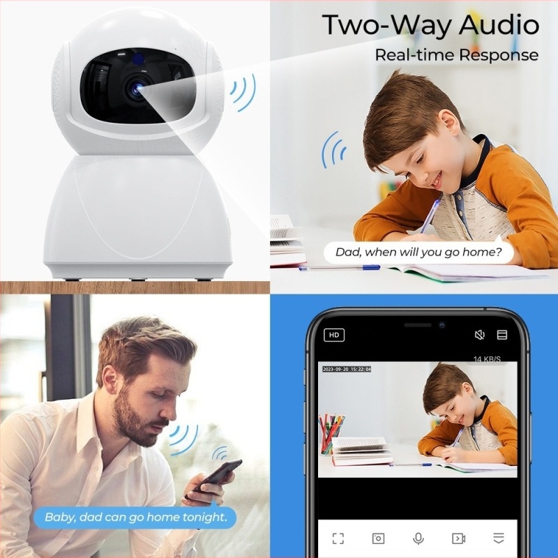 Cameră inteligentă de interior pentru supraveghere cu 1080p, obiectiv de 3.6 mm, rază de 10–30 m, viziune nocturnă, alertă anti-furt