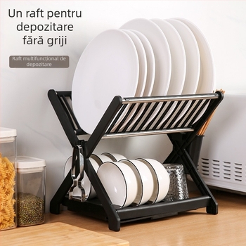Raft dublu pentru farfurii din PP plastic, cadru din țevi de oțel inoxidabil – organizator de drenaj pentru bucătărie