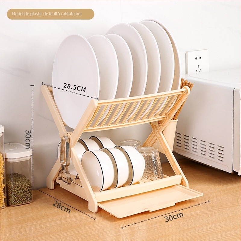 Raft dublu pentru farfurii din PP plastic, cadru din țevi de oțel inoxidabil – organizator de drenaj pentru bucătărie