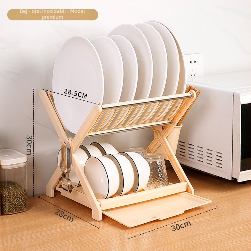 Raft dublu pentru farfurii din PP plastic, cadru din țevi de oțel inoxidabil – organizator de drenaj pentru bucătărie