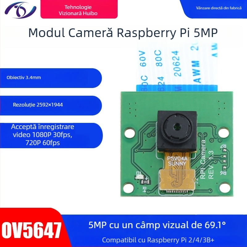Modul de cameră HD pentru Raspberry Pi cu senzor OV5647 de 5 MP, rezoluție 2592x1944, 30fps, interfață CSI, focalizare manuală