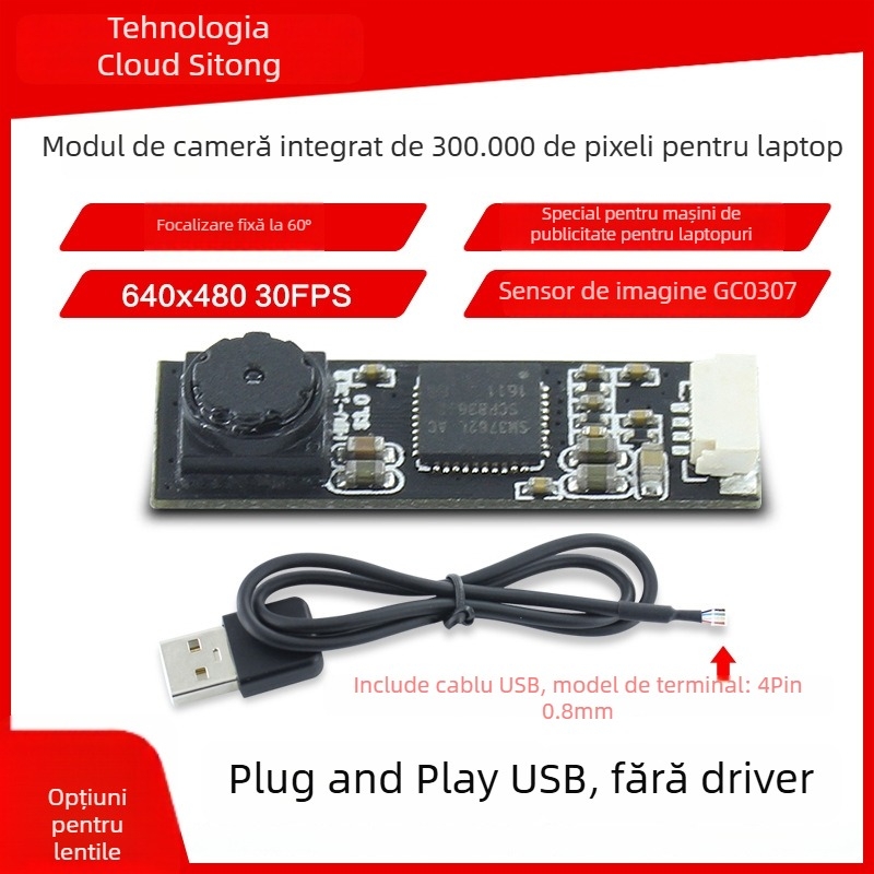 Modul de cameră USB HBV1319, fără driver, senzor GC0307 0.3MP, 640x480 la 30fps, USB 2.0, focalizare fixă