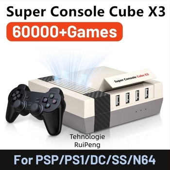 Consolă de jocuri video cu design retro nostalgic, 64GB memorie, Android TV + EmuELEC, HDMI/AV/USB 2.0, redare video