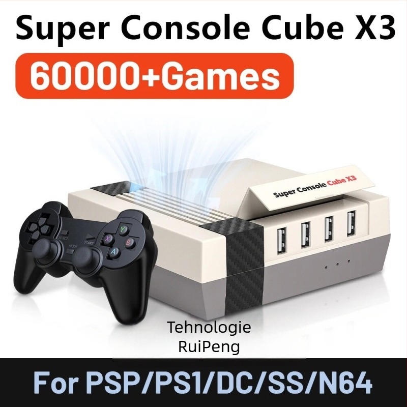 Consolă de jocuri video cu design retro nostalgic, 64GB memorie, Android TV + EmuELEC, HDMI/AV/USB 2.0, redare video