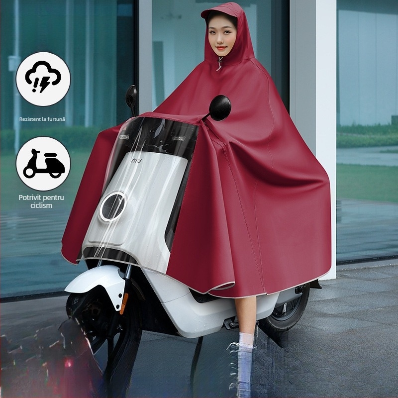 Poncho de ploaie pentru femei, destinat vehiculelor electrice (biciclete electrice și motociclete), lung, acoperire integrală, țesătură PVC groasă cu strat de adeziv PU