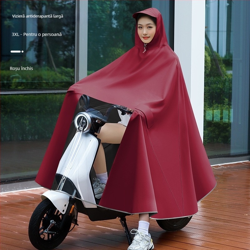 Poncho de ploaie pentru femei, destinat vehiculelor electrice (biciclete electrice și motociclete), lung, acoperire integrală, țesătură PVC groasă cu strat de adeziv PU