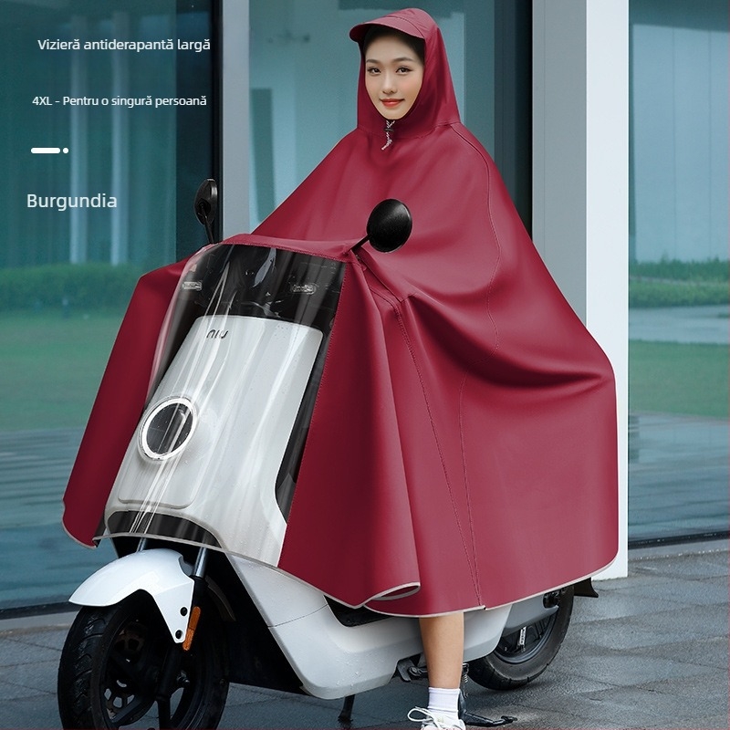 Poncho de ploaie pentru femei, destinat vehiculelor electrice (biciclete electrice și motociclete), lung, acoperire integrală, țesătură PVC groasă cu strat de adeziv PU