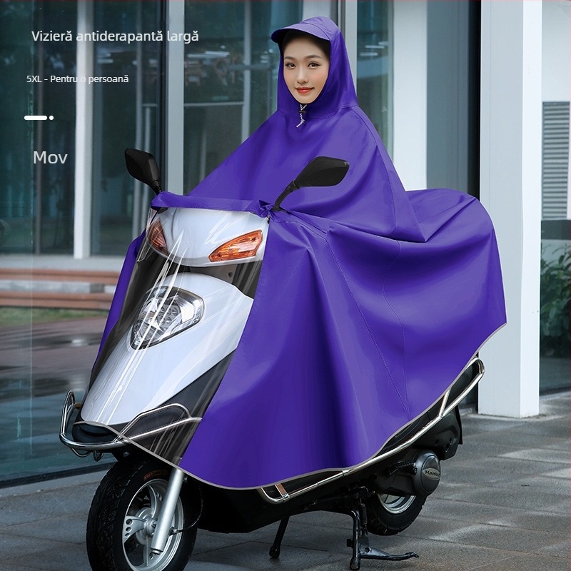 Poncho de ploaie pentru femei, destinat vehiculelor electrice (biciclete electrice și motociclete), lung, acoperire integrală, țesătură PVC groasă cu strat de adeziv PU