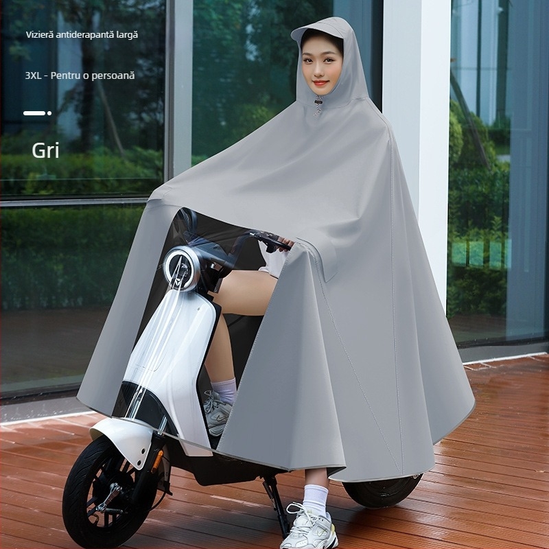 Poncho de ploaie pentru femei, destinat vehiculelor electrice (biciclete electrice și motociclete), lung, acoperire integrală, țesătură PVC groasă cu strat de adeziv PU