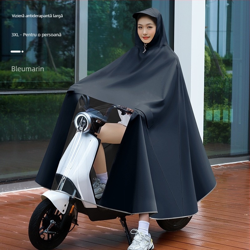 Poncho de ploaie pentru femei, destinat vehiculelor electrice (biciclete electrice și motociclete), lung, acoperire integrală, țesătură PVC groasă cu strat de adeziv PU