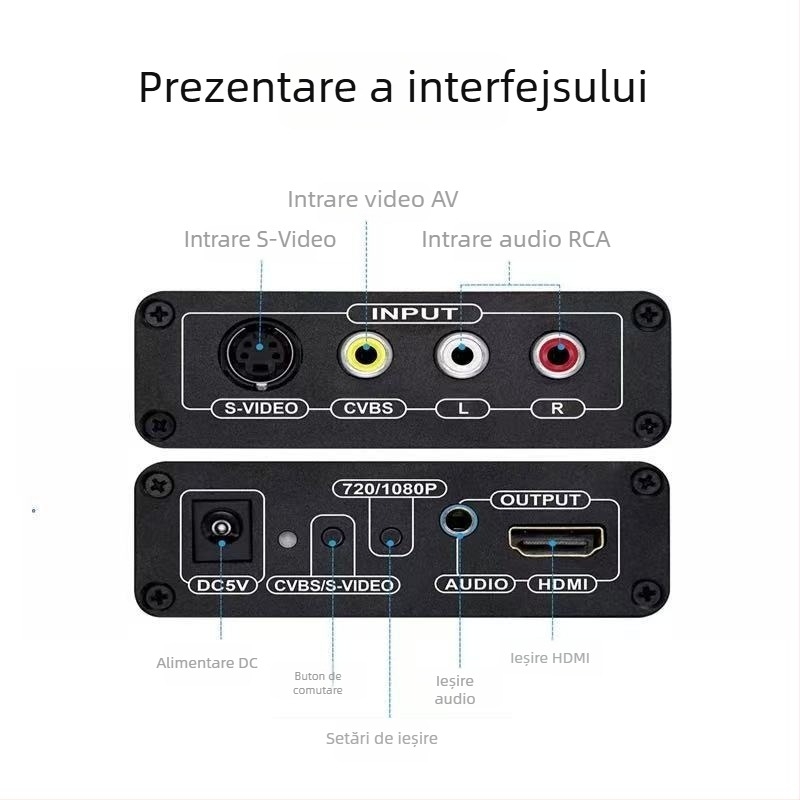 Convertor video AV la HDMI cu S-Video către HDTV și interfață RCA, rezoluție 1920x1080p, compatibilitate universală, conversie semnal, gestionare energie