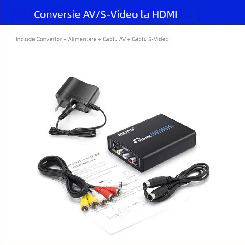 Convertor video AV la HDMI cu S-Video către HDTV și interfață RCA, rezoluție 1920x1080p, compatibilitate universală, conversie semnal, gestionare energie