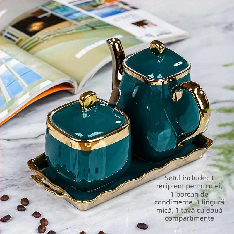 Set ceramic pentru condimente – recipient pentru ulei, recipient pentru sare, sticluță de oțet; stil lux ușor; origine China continentală